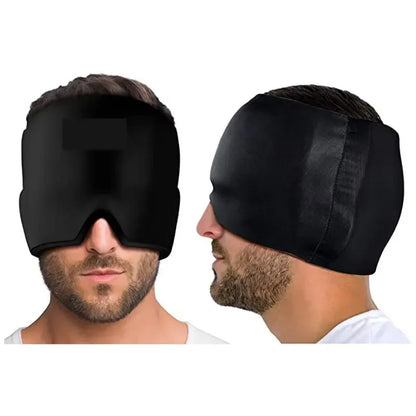 Gorro de gel terapéutico color negro - vista frontal como antifaz y vista lateral cubriendo la cabeza