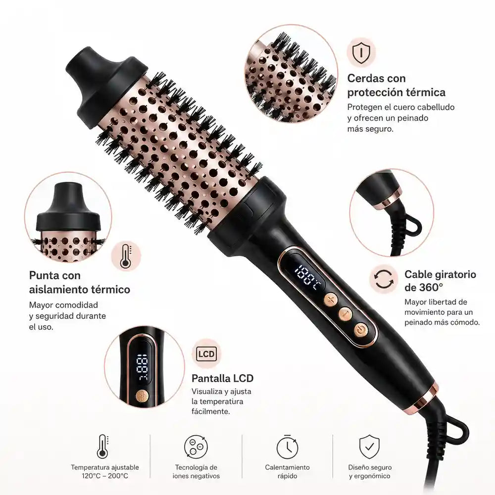 LumiBrush - características: cerdas con protección térmica, pantalla LCD, cable giratorio 360° y temperatura 120–200°C